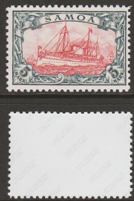 Samoa 1900 Yacht 'Hohenzollern' 5m,'Maryland' perf forgery 'unused', as SG G19 - the word Forgery is either handstamped or printed on the back and comes on a presentation card with descriptive notes