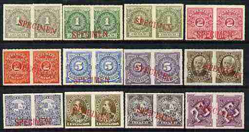 Uruguay 1884-86 set of 8 plus 4 later changed colours each in horiz pairs opt'd SPECIMEN, unmounted mint from ABNCo archive sheet, as SG 83-90 etc