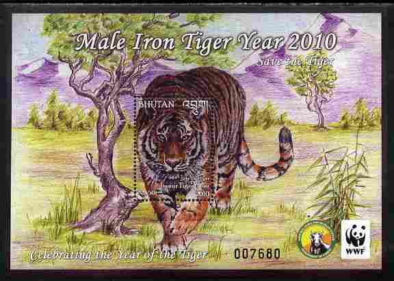 Bhutan 2010 WWF - Year of the Tiger perf s/sheet containing 50 Nu value unmounted mint 