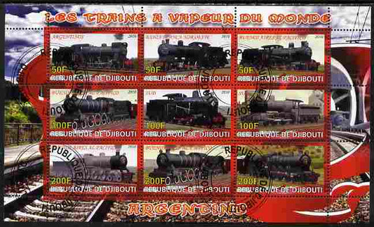 Djibouti 2010 Steam Locos of the World - Argentina perf sheetlet containing 9 values fine cto used