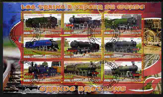 Djibouti 2010 Steam Locos of the World - GB Great Britain perf sheetlet containing 9 values fine cto used