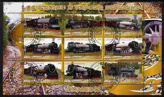Djibouti 2010 Steam Locos of the World - Canada perf sheetlet containing 9 values fine cto used