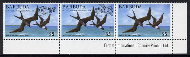 Barbuda 1975 Frigate Bird $5 unmounted mint se-tenant strip of 3 with 'Apollo-Soyuz' opt, SG 227a