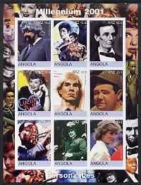 Angola 2001 Millennium series - Personalities (Satchmo, Baden Powell, J Gleason, Bruce Lee, Lincoln, Lucille Ball, Warhol, Babe Ruth & Diana) imperf sheetlet of 9 values unmounted mint