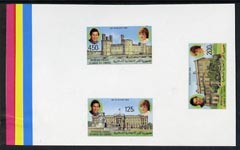 Comoro Islands 1981 Royal Wedding imperf master proof containing set of 3 values on gummed paper showing solid colour bars, Rare