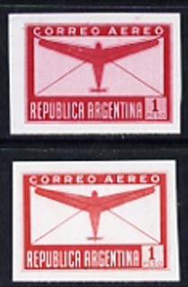 Argentine Republic 1940 Aeroplane & Envelope 1p two imperf proofs in red with & without background shading, as SG 691
