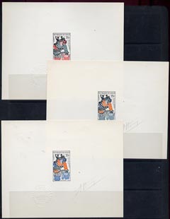 Congo 1962 Brazzaville Market 20f set of 3 imperf die proofs in different colours each on thin card signed by the designer and with Official impressed die stamp, as SG 19