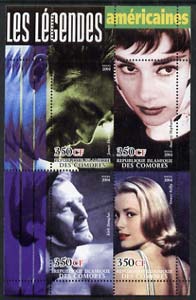 Comoro Islands 2004 Legends #03 perf sheetlet containing 4 values James Dean, Audrey Hepburn, Kirk Douglas & Grace Kelly unmounted mint