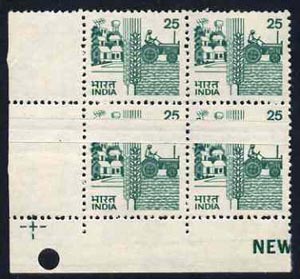 India 1985 Tractor 25p def unmounted mint corner block of 4 with pre-printing paper fold resulting in 4mm white band across 2 stamps making them 4mm deeper, SG 925bvar