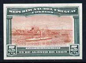 Uruguay 1909 Cruiser in Port Montevideo 5c imperf colour trial proof in red-brown & green on enamelled card, as SG 283