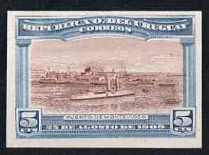 Uruguay 1909 Cruiser in Port Montevideo 5c imperf colour trial proof in red-brown & blue on enamelled card, as SG 283