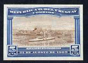 Uruguay 1909 Cruiser in Port Montevideo 5c imperf colour trial proof in yellow-brown & blue on enamelled card, as SG 283