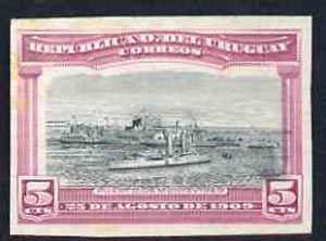 Uruguay 1909 Cruiser in Port Montevideo 5c imperf colour trial proof in grey-black & bright purple on enamelled card, as SG 283