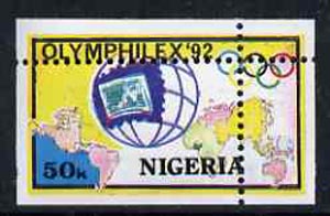 Nigeria 1992 'Olymphilex 92' Olympic Stamp Exhibition 50k with vert & horiz perfs misplaced, divided along margins so stamps are quartered unmounted mint SG 630var