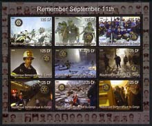 Congo 2003 Fire Engines of New York - Remembering September 11th perf sheetlet containing 9 values each with Rotary Logo, unmounted mint