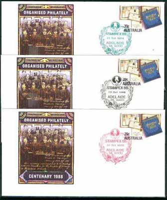 Australia 1988 Philatelic Soc of S Australia 39c postal stationery envelope x 3 each with special illustrated cancellations for Stampex (28 Oct in green, 29 Oct in black & 30 Oct in red)