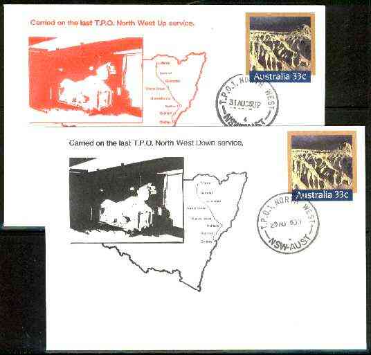 Australia 1985 Willandra Lakes Region 33c postal stationery envelope - set of 2 carried on last TPO North West Service (Special black cachet on down & red cachet on up)
