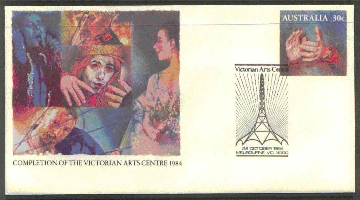Australia 1984 Completion of Victorian Arts Centre 30c postal stationery envelope with special illustrated first day cancellation