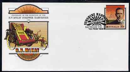 Australia 1984 Centenary of McKay's Invention of the Stripper Harvester 30c postal stationery envelope with special illustrated 'Harvester' first day cancellation