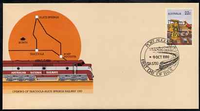 Australia 1980 Tarcoola-Alice Springs Railway 22c postal stationery envelope with special illustrated 'Port Augusta' first day cancellation