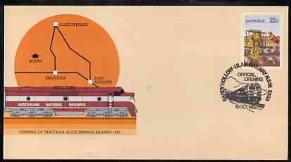 Australia 1980 Tarcoola-Alice Springs Railway 22c postal stationery envelope with special illustrated Sandy Hollow-Ulan Railway Opening cancellation