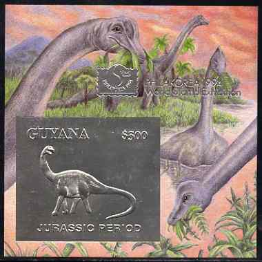 Guyana 1994 Jurassic Period #1 $300 silver foil on card m/sheet (plain edges) with Philakorea 94 logo & imprint from a limited numbered edition