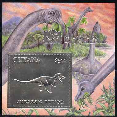 Guyana 1994 Jurassic Period #2 $300 silver foil on card m/sheet (saw-tooth edges) with Philakorea 94 logo & imprint from a limited numbered edition