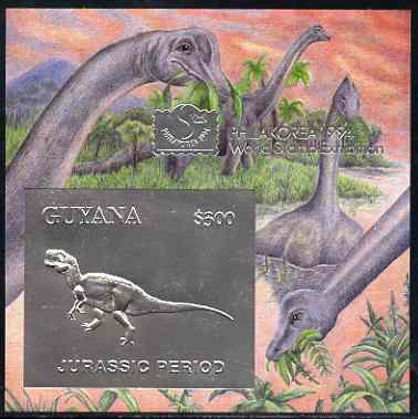 Guyana 1994 Jurassic Period #3 $300 silver foil on card m/sheet (plain edges) with Philakorea 94 logo & imprint from a limited numbered edition