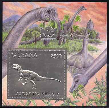 Guyana 1994 Jurassic Period #3 $300 silver foil on card m/sheet (saw-tooth edges) with Philakorea 94 logo & imprint from a limited numbered edition