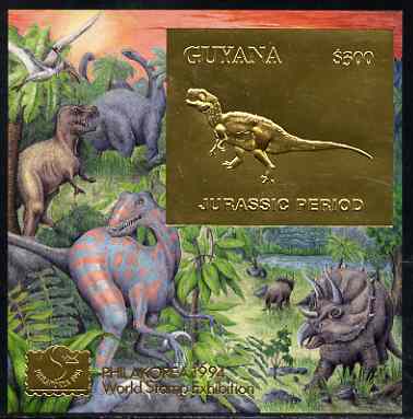 Guyana 1994 Jurassic Period #3 $300 gold foil on card m/sheet (plain edges) with Philakorea 94 logo & imprint from a limited numbered edition