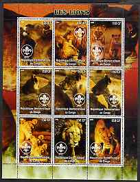 Congo 2004 Lions perf sheetlet containing 9 values each with Scout Logo unmounted mint