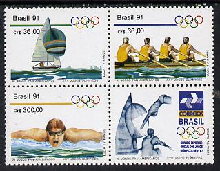 Brazil 1991 Pan-American Games & Olympics set of 3 in se-tenant block with label (yachting, Rowing, Swimming) unmounted mint SG 2471-73