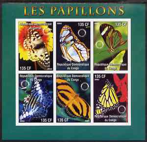 Congo 2003 Butterflies imperf sheetlet #01 (green border) containing 6 values each with Rotary Logo, unmounted mint