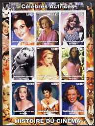 Congo 2003 History of the Cinema #04 (Actresses) imperf sheetlet containing 9 values unmounted mint (Showing Jane Fonda, Lauren Bacall, Audrey Hepburn, Greta Garbo, Grace Kelly, Ursula Andress, Bette Davis, Liz Taylor & Marilyn)