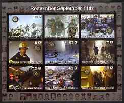 Congo 2003 Fire Engines of New York - Remembering September 11th imperf sheetlet containing 9 values each with Rotary Logo, unmounted mint