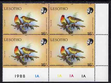 Lesotho 1988 Birds 16s Cape Weaver with horiz perfs shifted (date at top of stamp) SG 796var unmounted mint plate block of 4 from bottom of sheet showing perfs passing through value and additional date in lower margin