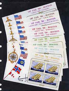 Cinderella - Great Britain 1980 Tall Ships at Boston set of 9 sheetlets, each sheet with a block of 4 undenominated labels from a participating country