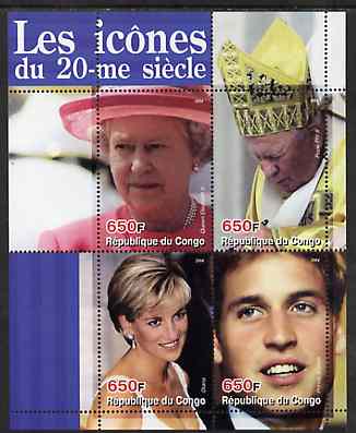 Congo 2004 Icons of the 20th Century #01 perf sheetlet containing 4 values (The Queen, Diana, Pope & Prince William) unmounted mint