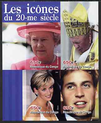 Congo 2004 Icons of the 20th Century #01 imperf sheetlet containing 4 values (The Queen, Diana, Pope & Prince William) unmounted mint