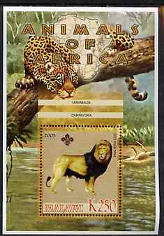 Malawi 2005 Animals of Africa - Lion perf m/sheet with Scout Logo, other big cats in background, unmounted mint