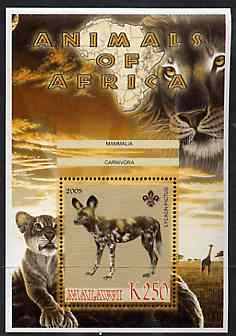 Malawi 2005 Animals of Africa - Hunting Dog perf m/sheet with Scout Logo, Big Cats & Giraffe in background, unmounted mint