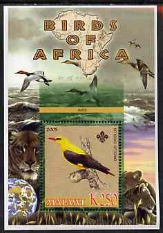 Malawi 2005 Birds of Africa - Oriole perf m/sheet with Scout Logo and Lions in background, unmounted mint