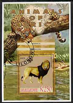 Malawi 2005 Animals of Africa - Lion perf m/sheet with Scout Logo, other big cats in background, fine cto used