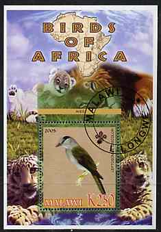 Malawi 2005 Birds of Africa - Cuckoo Roller perf m/sheet with Scout Logo and Big cats in background, fine cto used
