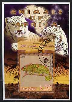 Malawi 2005 Animals of Africa - Chameleom perf m/sheet with Scout Logo and Big Cats in background, fine cto used
