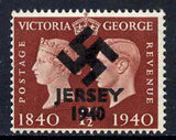 Jersey 1940 Swastika opt on Great Britain KG6 Centenary 1.5d produced during the German Occupation but unissued due to local feelings. This is a copy of the overprint on a genuine stamp with forgery handstamped on the back, unmoun……Details Below
