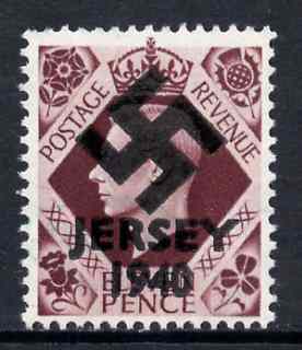Jersey 1940 Swastika opt on Great Britain KG6 11d plum - a copy of the overprint on a genuine stamp with forgery handstamped on the back, unmounted mint in presentation folder.  Note this value was not available in 1940 but is included here for interest.