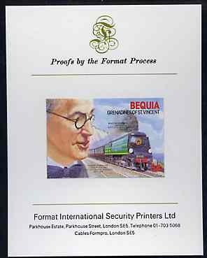 St Vincent - Bequia 1986 Locomotives & Engineers (Leaders of the World) $4.00 (Oliver Bullied & Battle of Britain Class) imperf proof mounted on Format International proof card