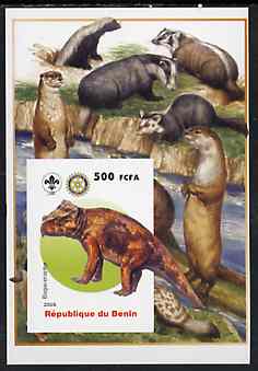 Benin 2005 Dinosaurs #02 - Bagaceraptor imperf m/sheet with Scout & Rotary Logos, background shows Badgers, Otters & Beavers unmounted mint