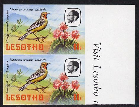 Lesotho 1981 Cape Longclaw 60s def in unmounted mint imperf pair (as SG 446)*